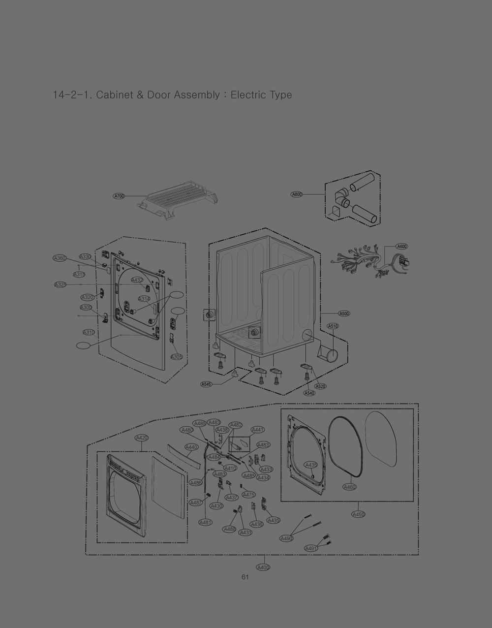 Cabinet And Door Assembly Diagram and Parts List for RV13A4AS8 ABWESEU LG Dryer