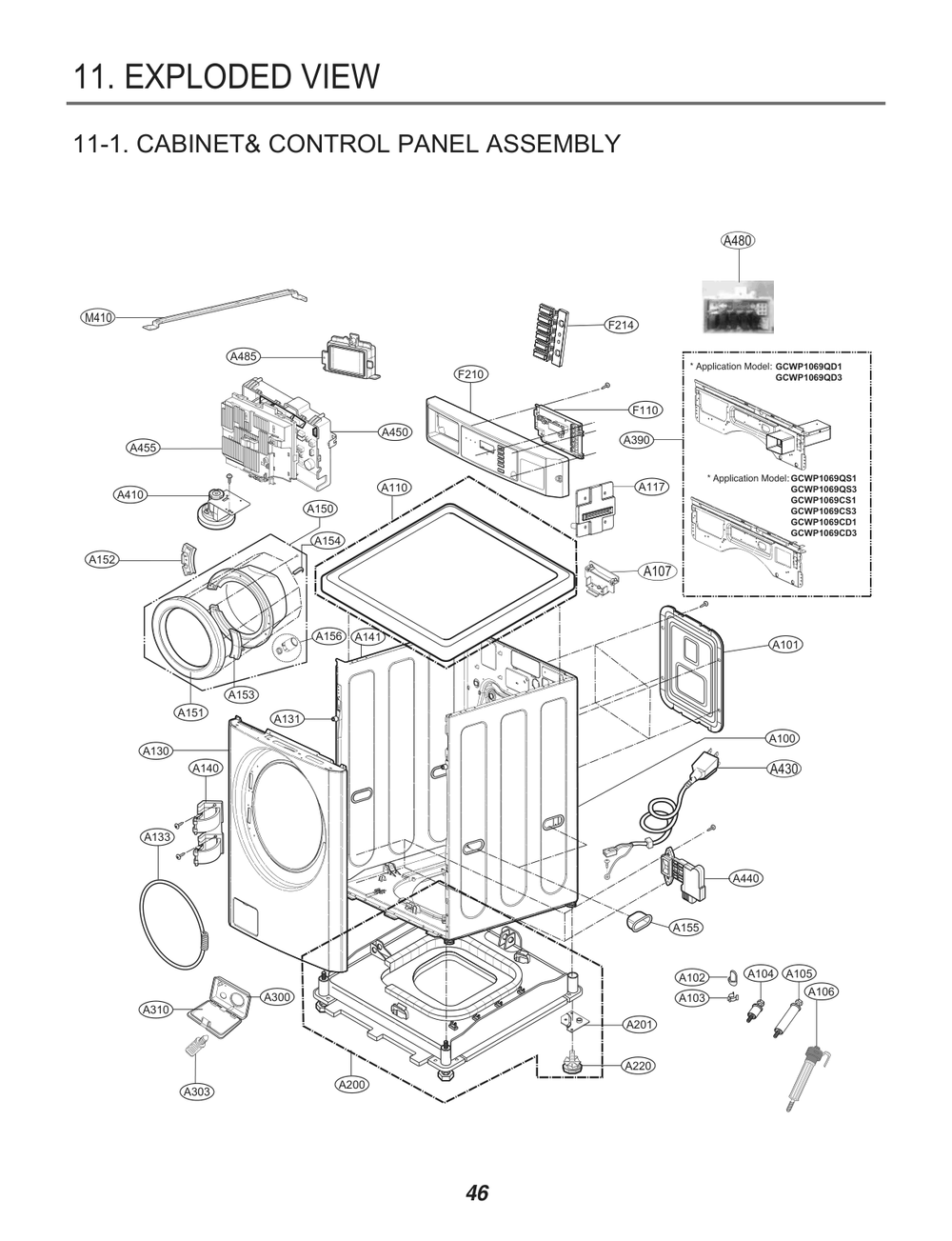 Cabinet& Control Panel Assembly Diagram and Parts List for FH069FD7F ASSEELC LG Washer