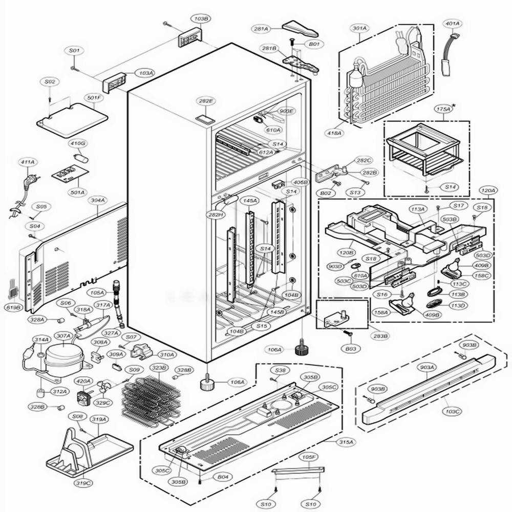 Case Parts Diagram and Parts List for 75952 ASWCSEF LG Refrigerator