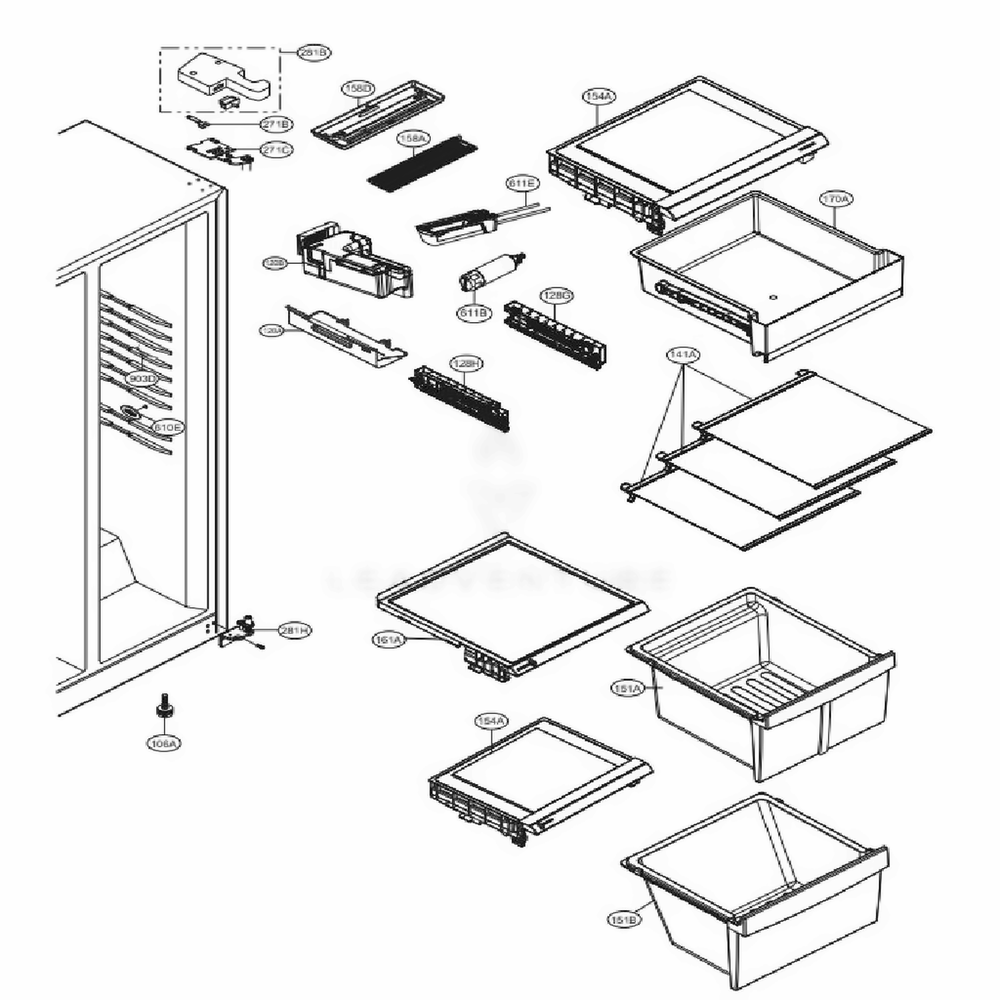 Refrigerator Compartment Diagram and Parts List for 51814 ABICSE0 LG Refrigerator
