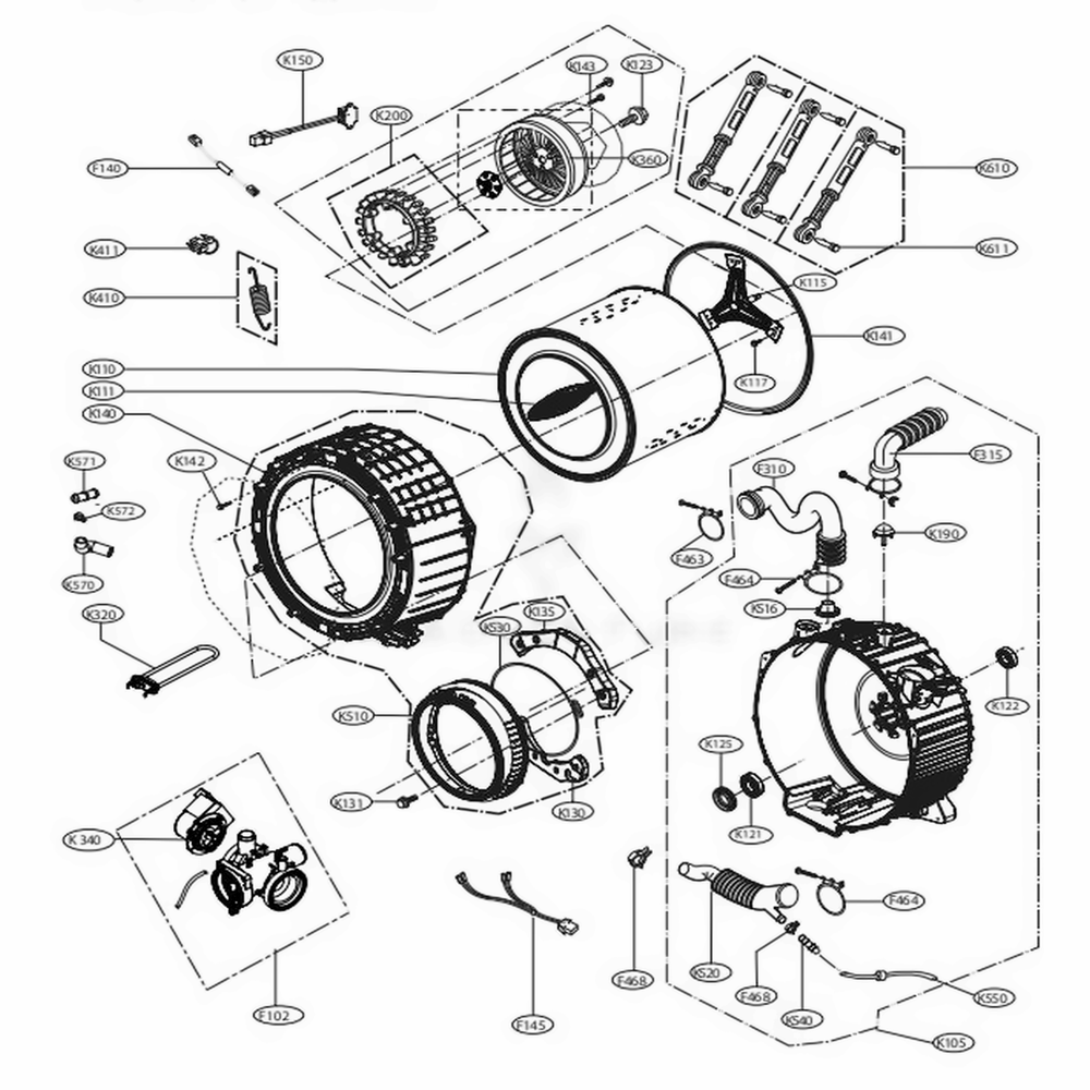 Drum And Tub Assembly Diagram and Parts List for WM3600HWA ABWEVUS LG Washer