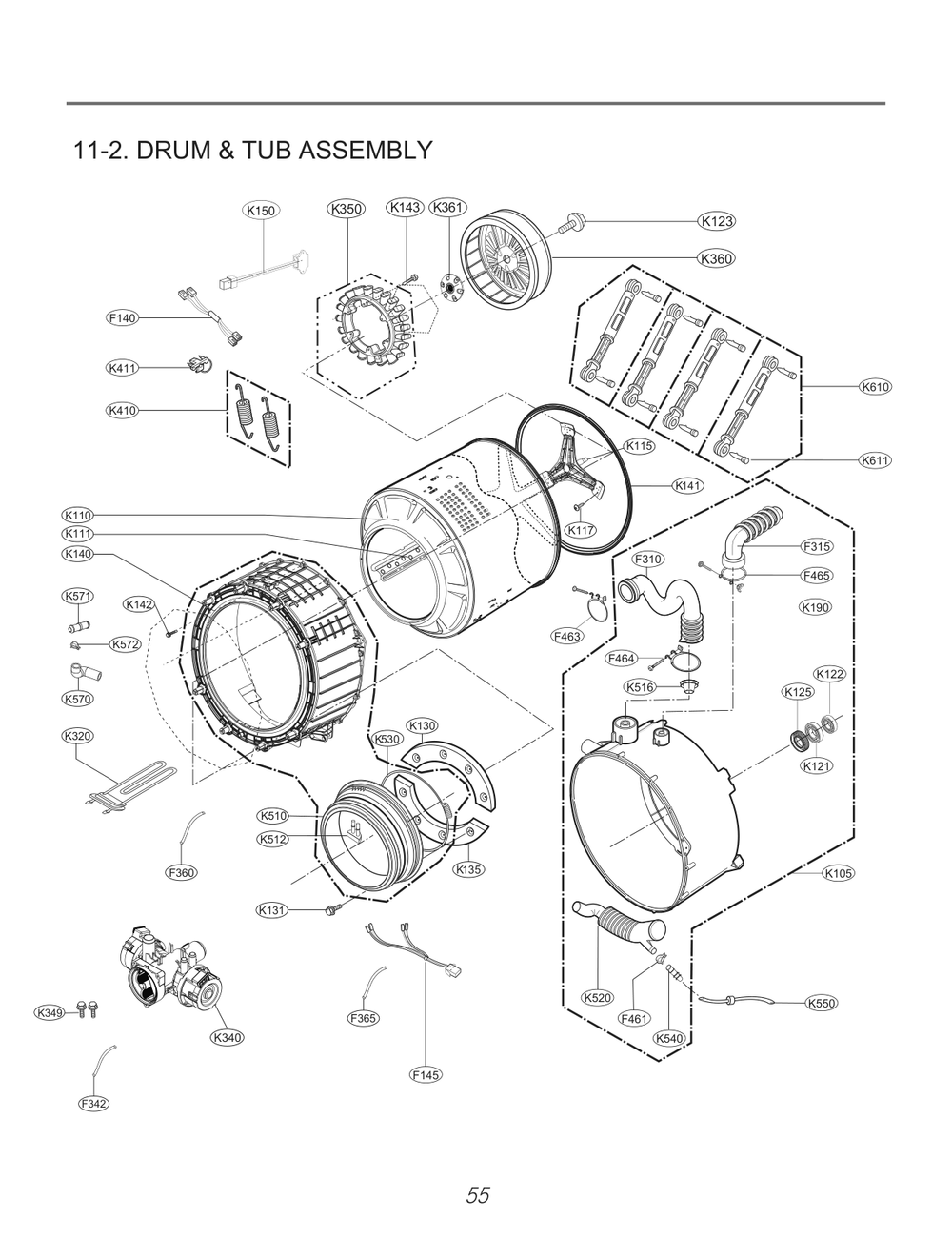 Drum And Tub Assembly Diagram and Parts List for TCWL2013CS3 ASSEELC LG Washer