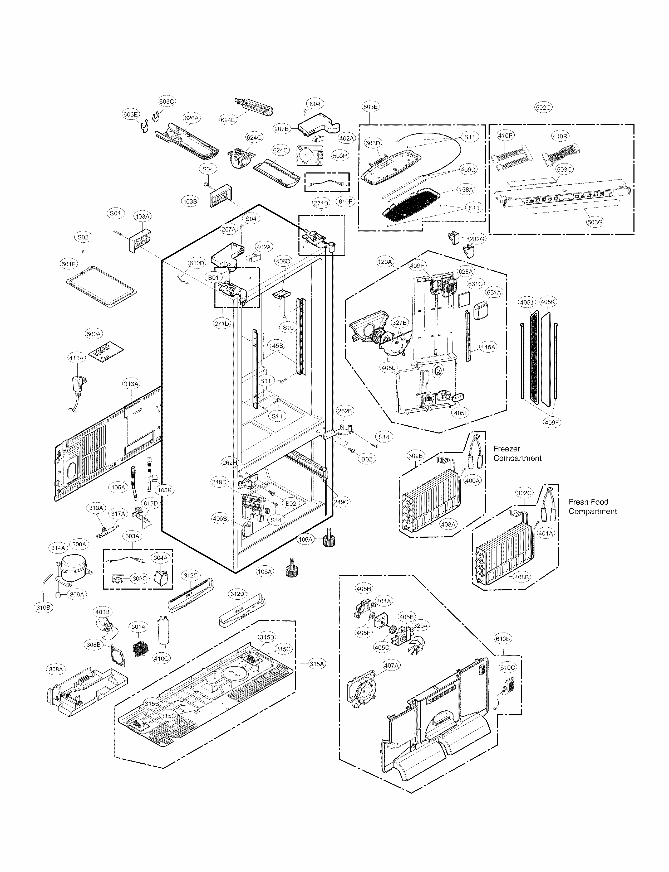 Case Parts Diagram and Parts List for 79579993510  Kenmore Refrigerator
