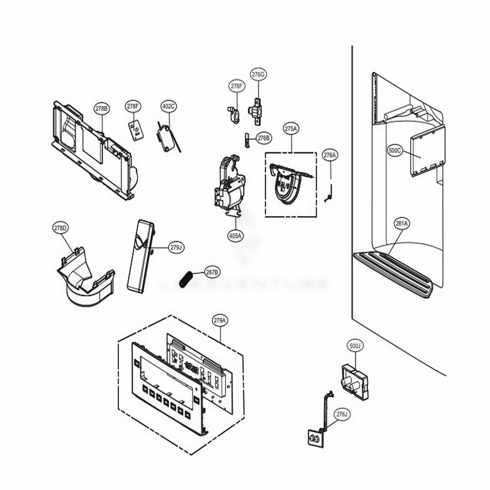 Dispenser Parts Diagram and Parts List for 72099 AWBCSE1 LG Refrigerator