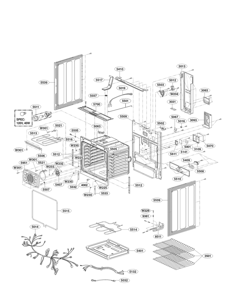 Cavity Assembly Parts Diagram and Parts List for LRE3083SB  LG Range