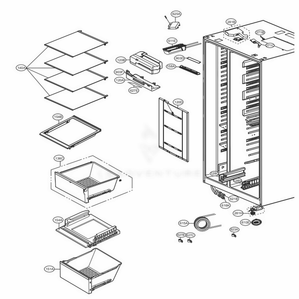 Refrigerator Compartment Diagram and Parts List for LSXS26366S ASTCNA9 LG Refrigerator