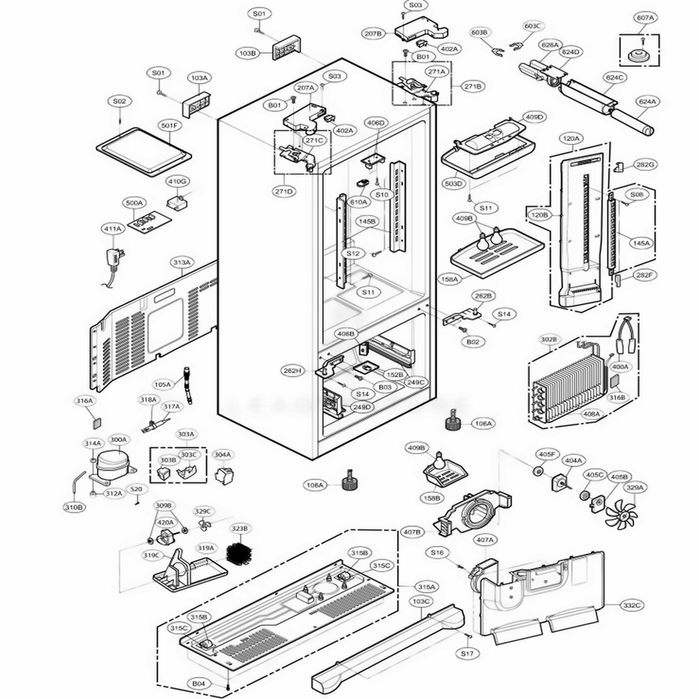 Case Parts Diagram and Parts List for LFX25961AL AAVCLGA LG Refrigerator