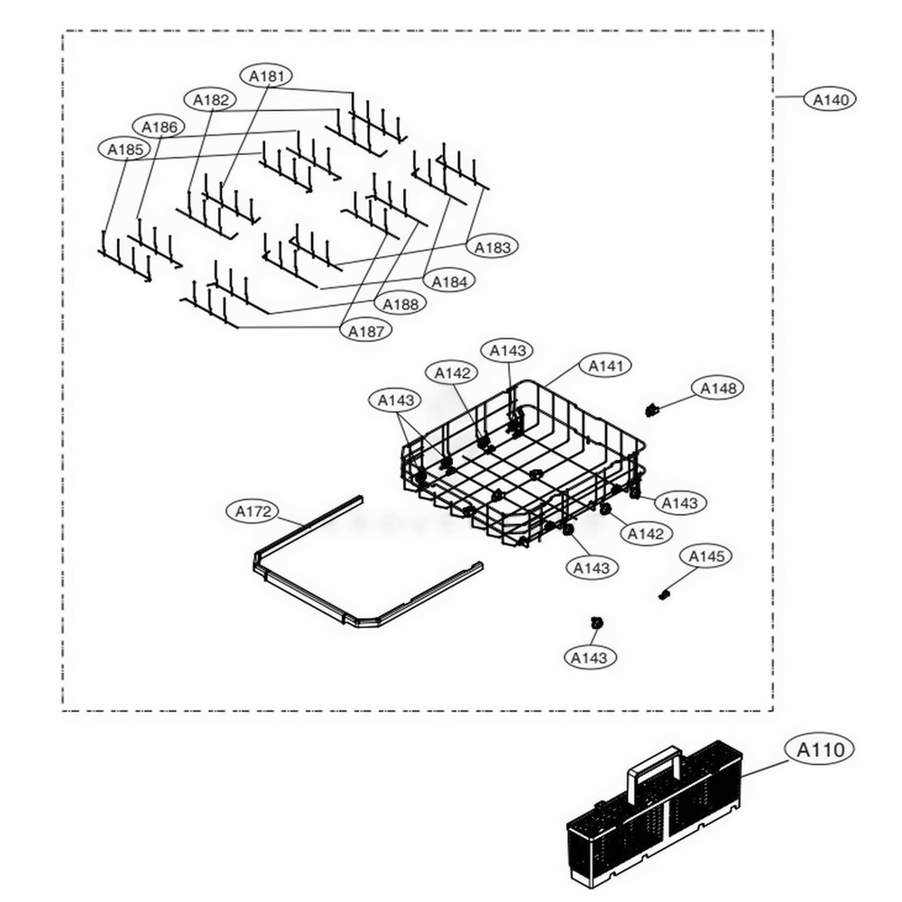 Bottom Rack Assembly Diagram and Parts List for 14355 ASSESEU LG Dishwasher