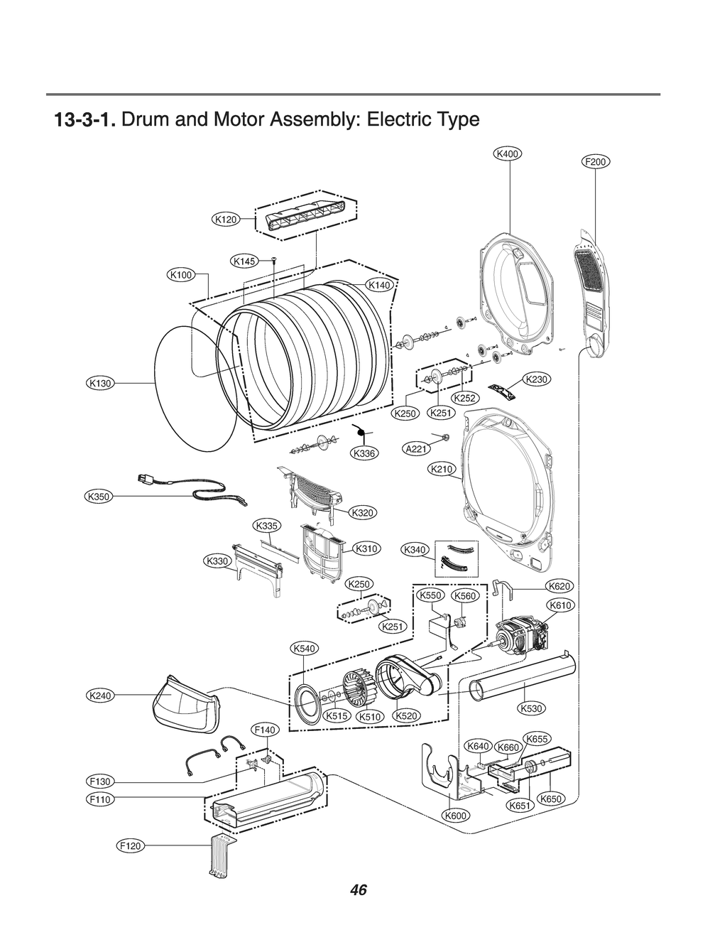 Drum And Motor Assembly Diagram and Parts List for DLE7050V ASSEEUS LG Dryer