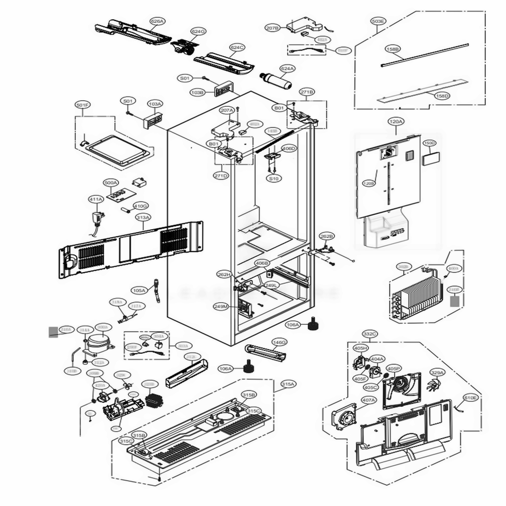 Case Parts Diagram and Parts List for LMXS28636S ASTCNA0 LG Refrigerator