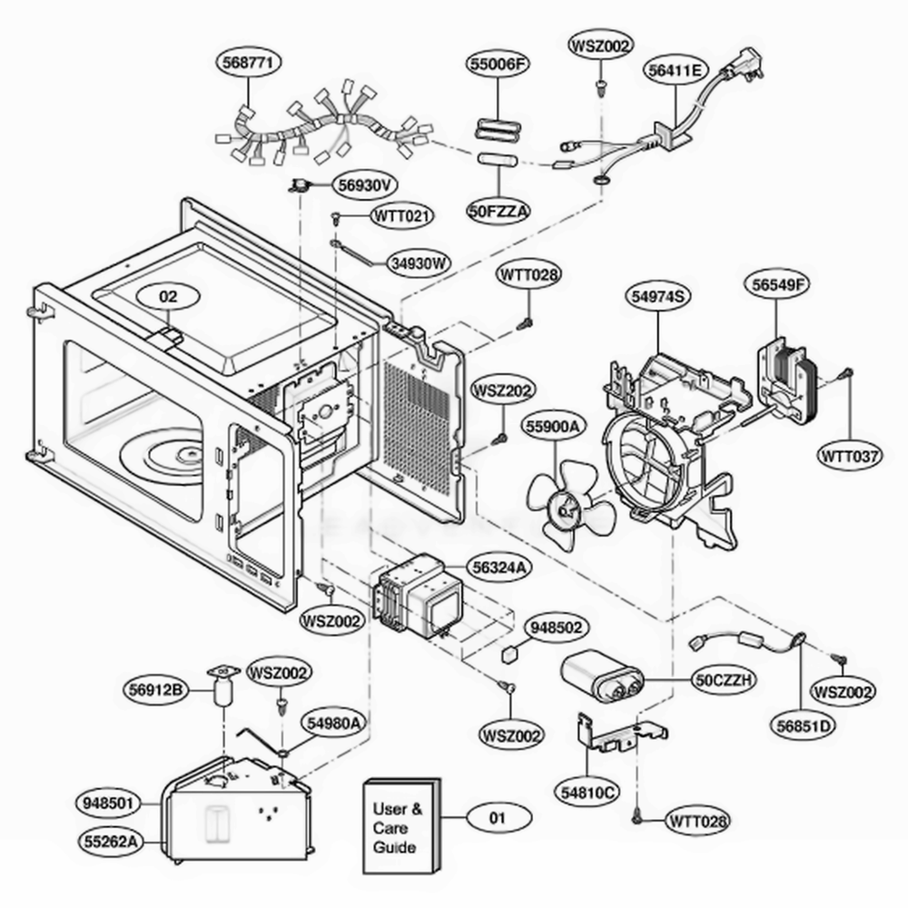 Interior Parts Diagram and Parts List for MT4110SKB KB1EWRP LG Wall Oven