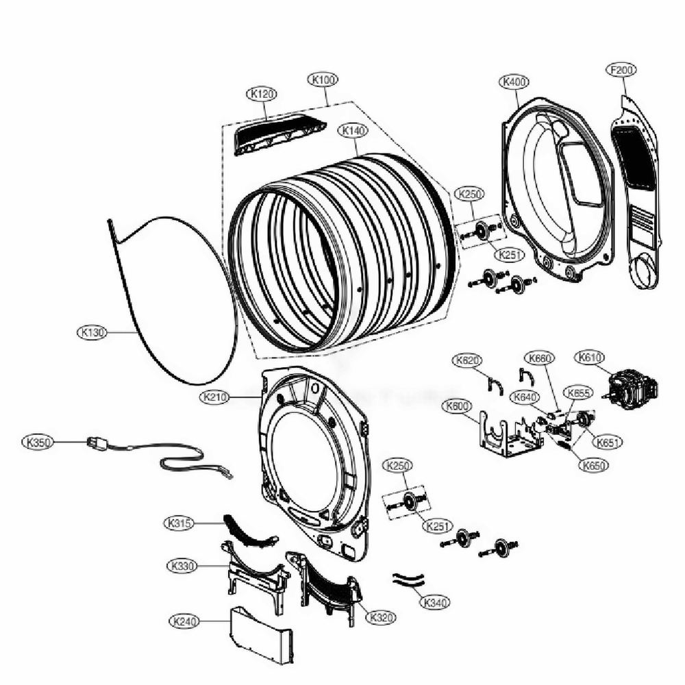 Drum And Motor Assembly Diagram and Parts List for TCD1870QGG ASSEELC LG Dryer
