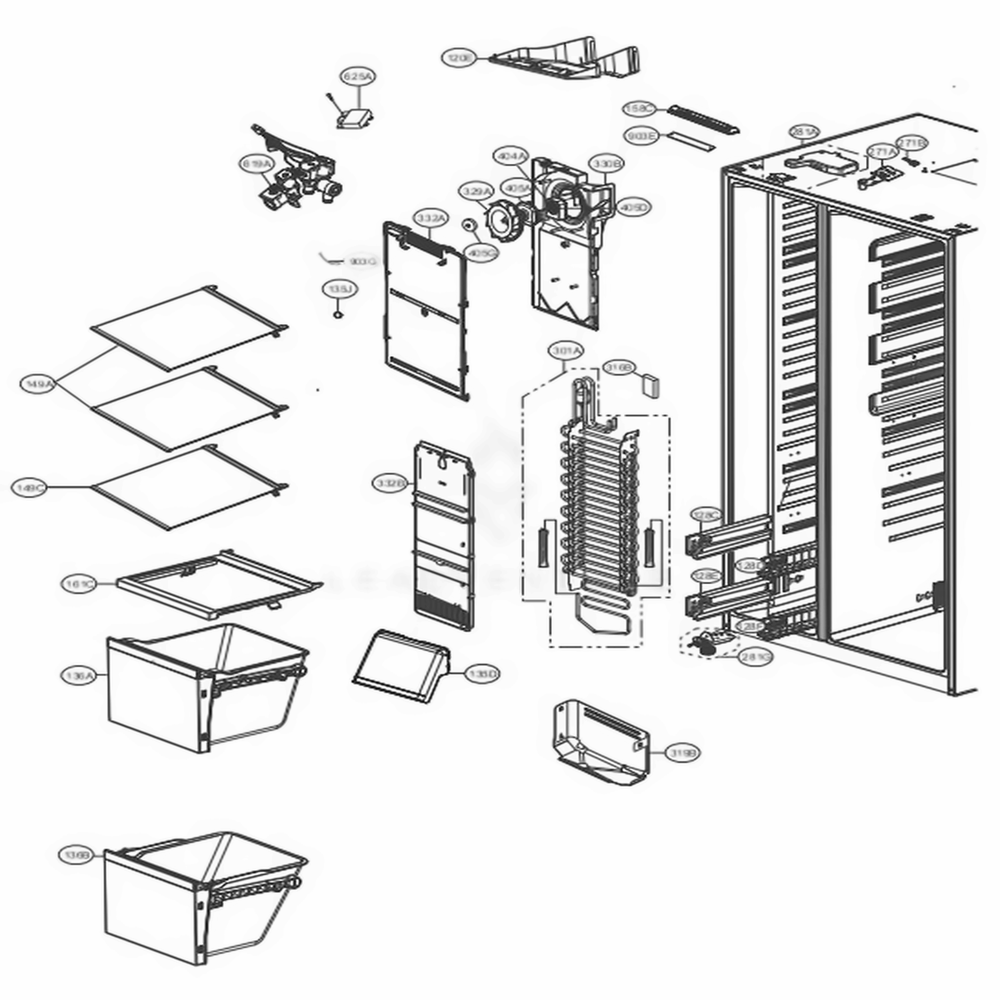 Freezer Compartment Diagram and Parts List for LSXS26396S ASTCNA4 LG Refrigerator