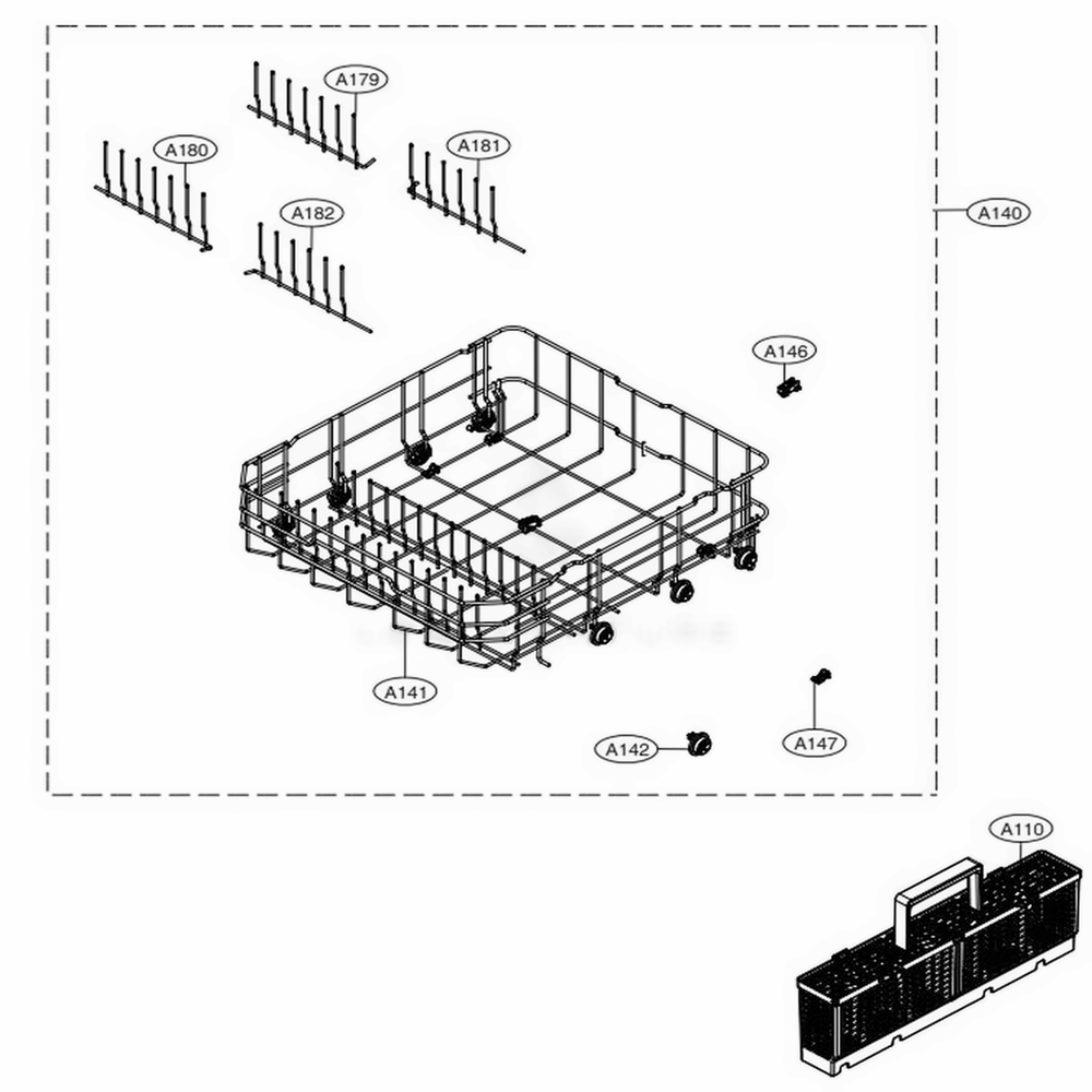 Lower Rack Assembly Diagram and Parts List for LDF5545SS ASSESNA LG Dishwasher