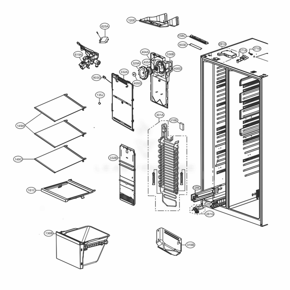 Freezer Compartment Diagram and Parts List for LSXS26336S ASTCNA3 LG Refrigerator