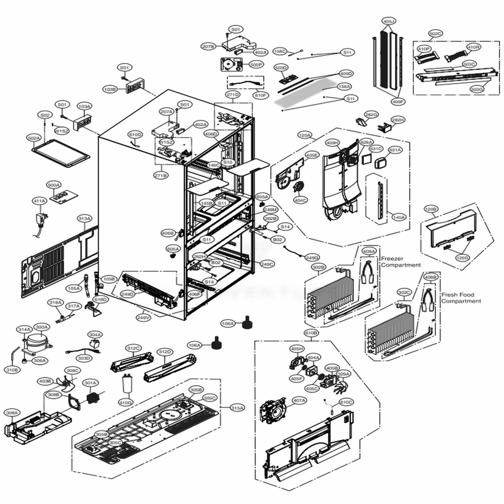 Case Parts Diagram and Parts List for 72489 AWBCSE1 LG Refrigerator