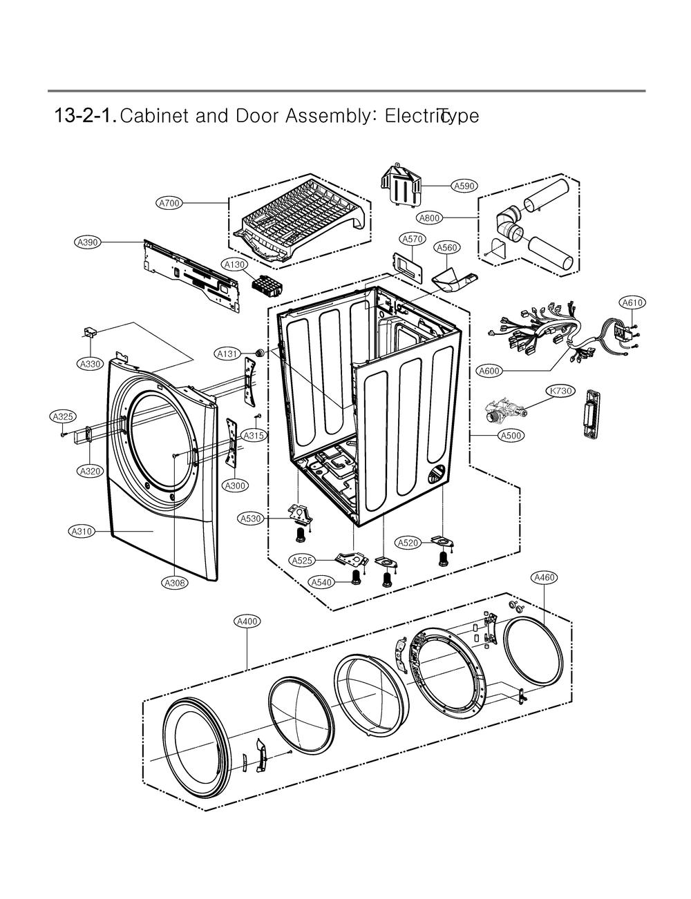 Cabinet And Door Assembly Diagram and Parts List for DLEX4080W ABWEEUS LG Dryer