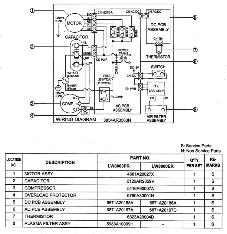 Wiring Diagram Diagram and Parts List for LW8000PR  LG Air Conditioner