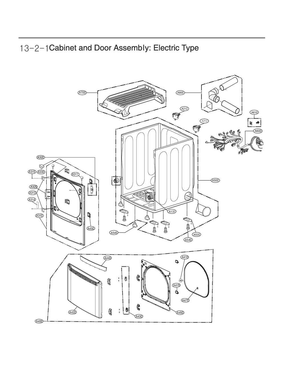 Cabinet And Door Assembly Diagram and Parts List for DLE6100M ABMEEUS LG Dryer