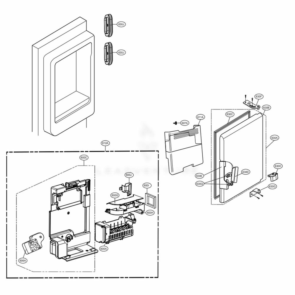 Ice Maker And Ice Bin Parts Diagram and Parts List for 74309 AWBCSE0 LG Refrigerator