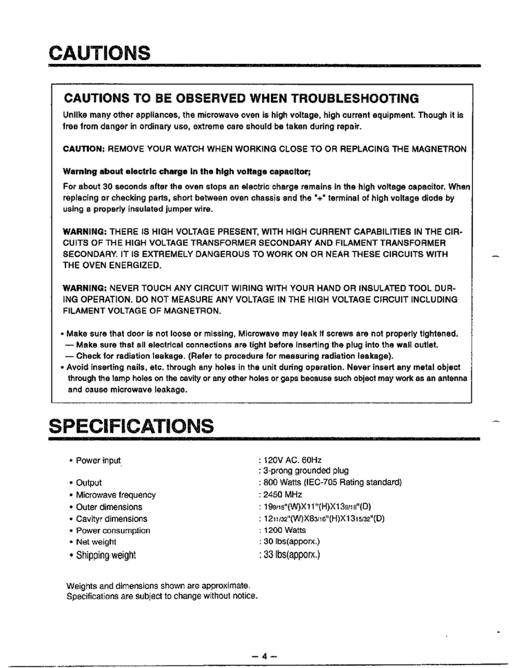 Cautions/specifications Diagram and Parts List for MA-844M  LG Microwave