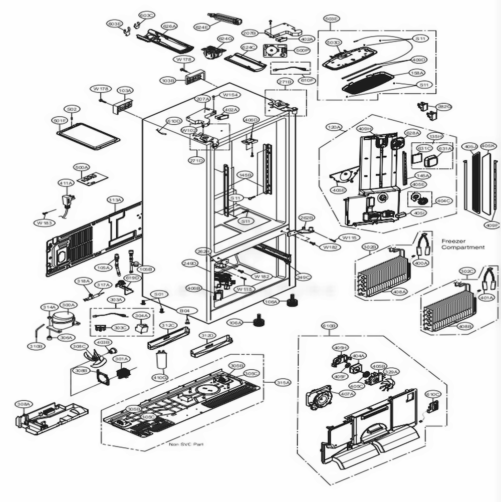 Case Parts Diagram and Parts List for UPFXC2466S ASTCNA0 LG Refrigerator
