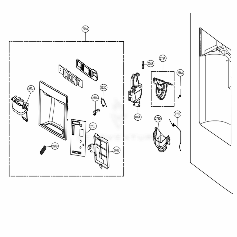 Dispenser Parts Diagram and Parts List for 73157 ASBCSE0 LG Refrigerator