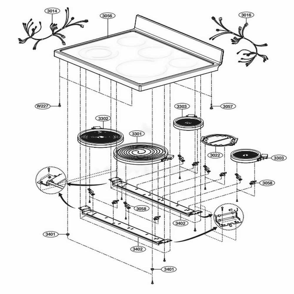 Cooktop Parts Diagram and Parts List for LRE30453SW FWHLLGA LG Range