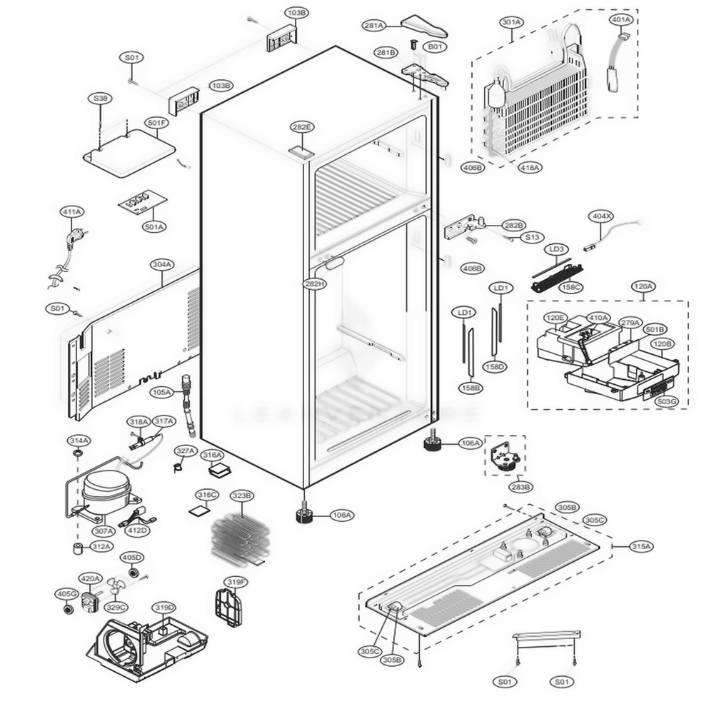Case Parts Diagram and Parts List for LTCS20220W ASWCNA4 LG Refrigerator