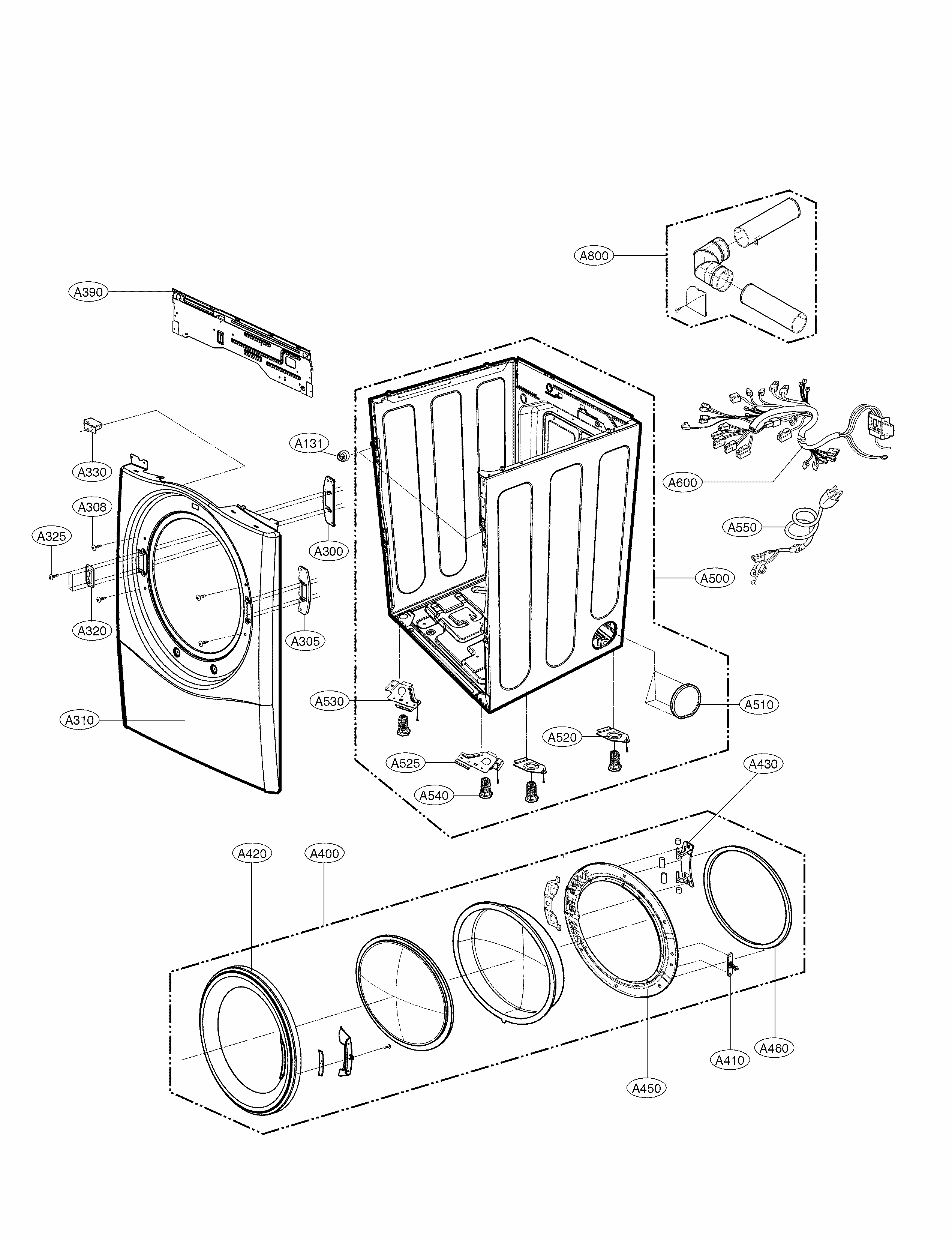 Cabinet And Door Parts Diagram and Parts List for 79691182310  Kenmore Dryer