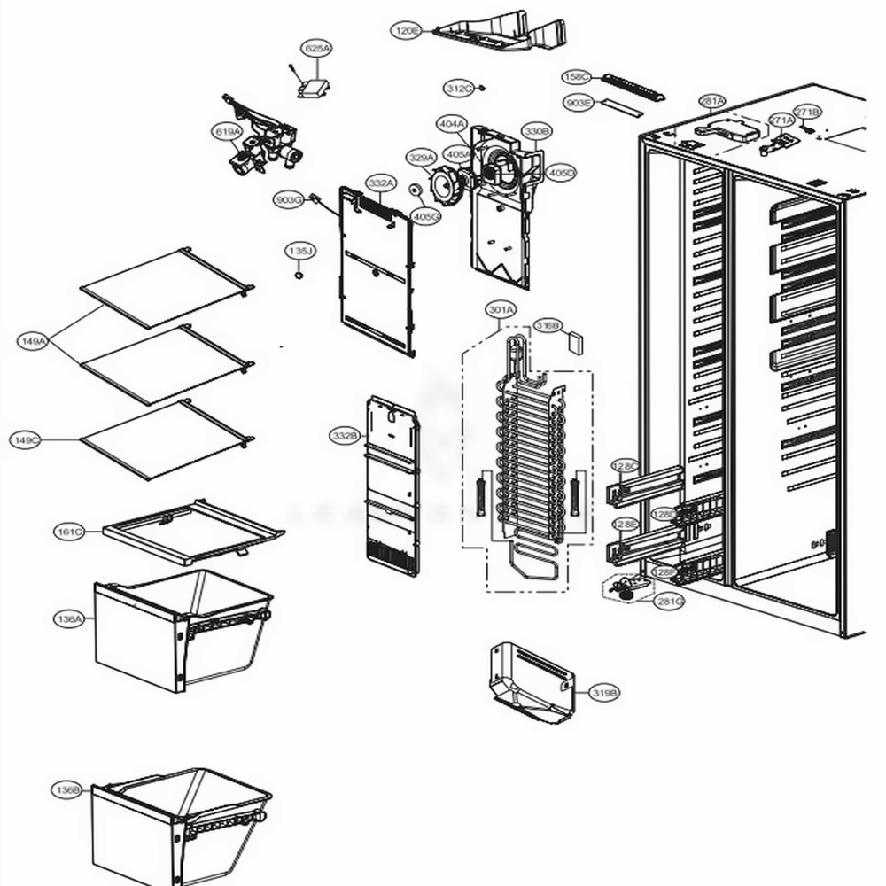 Freezer Compartment Diagram and Parts List for LSXS26326W ASWCNA1 LG Refrigerator