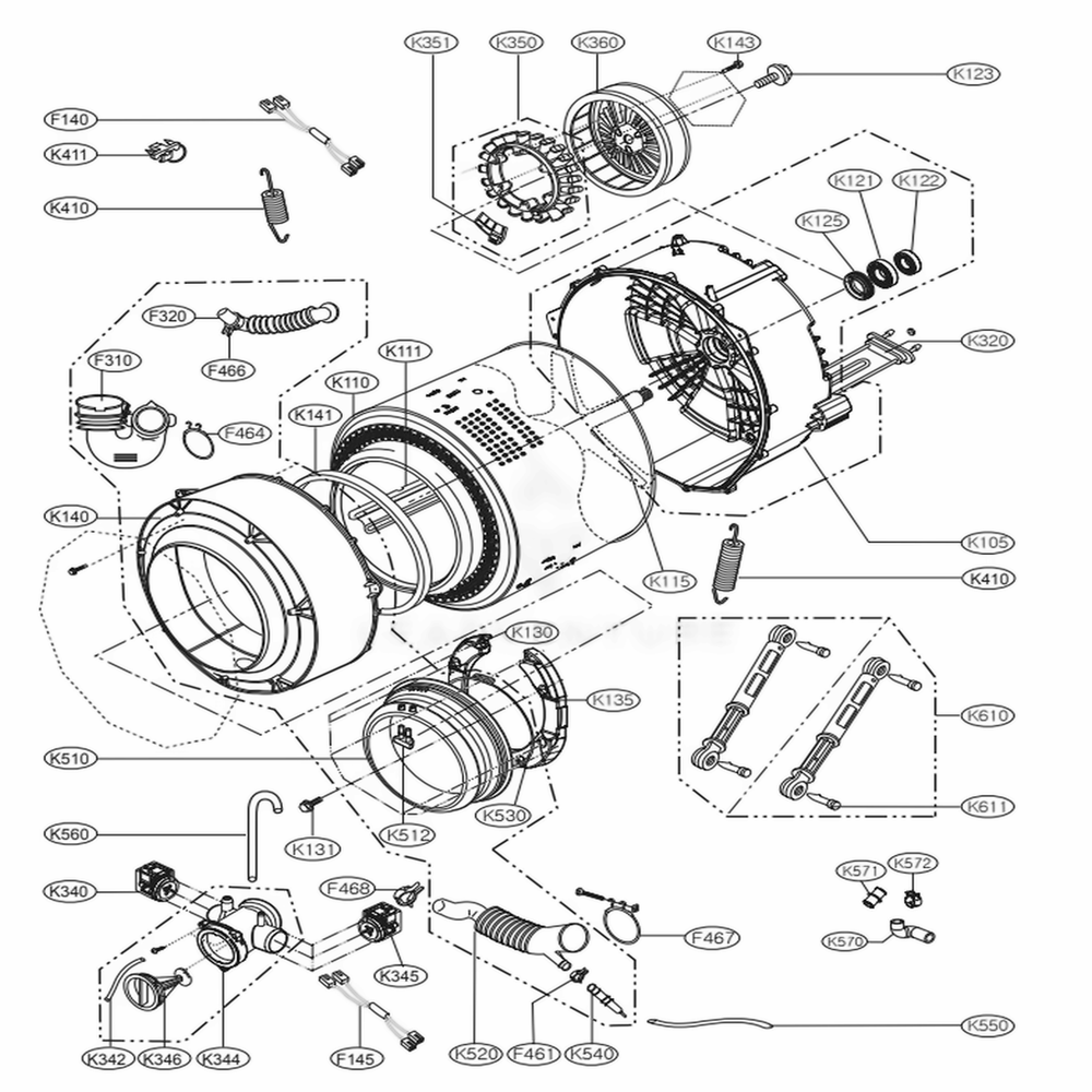 Drum And Tub Assembly Diagram and Parts List for WM1355HR ACREEUS LG Washer