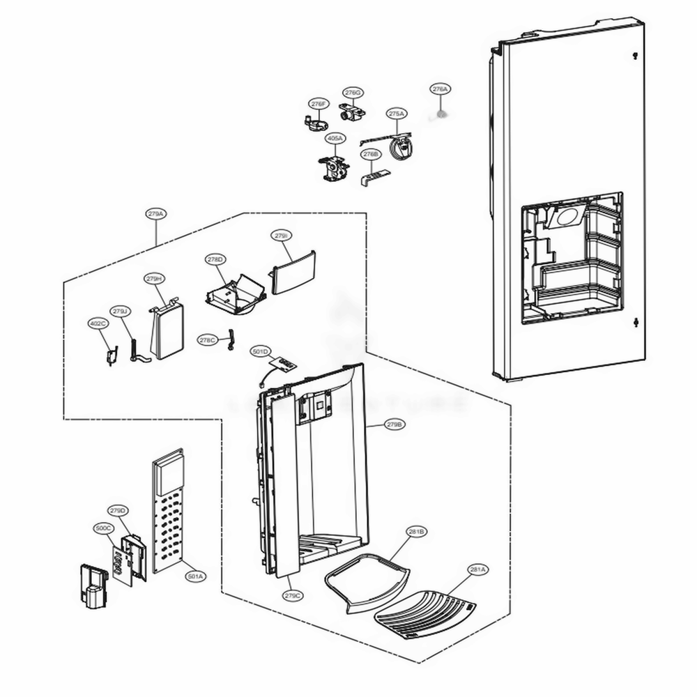 Dispenser Parts Diagram and Parts List for LFX25973ST ASTCNA6 LG Refrigerator