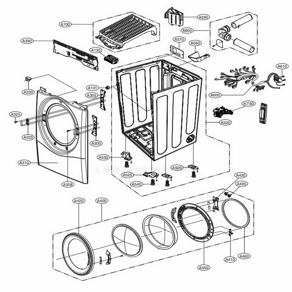 Cabinet And Door Assembly Electric Type Diagram and Parts List for DLEX3700V ASSEEUS LG Dryer