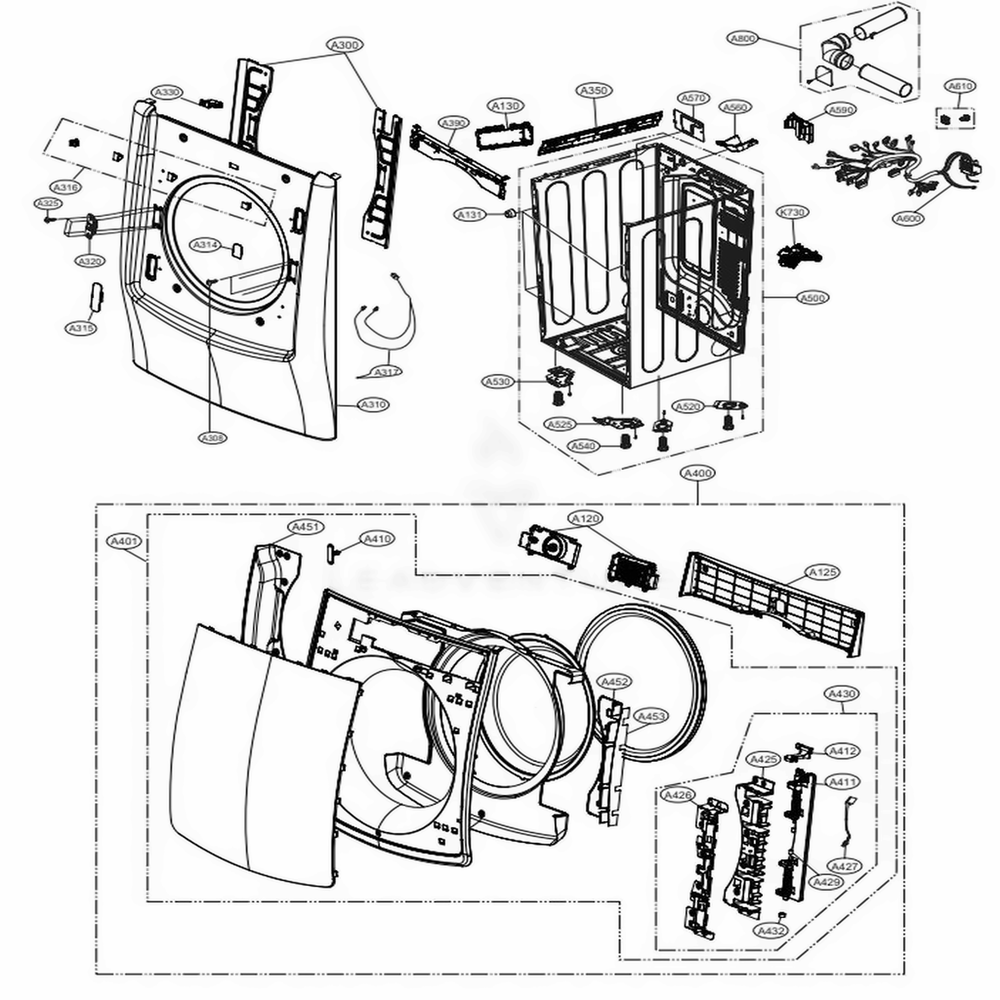 Cabinet And Door Assembly - Full Touch Diagram and Parts List for DLEX9500W ABWEEUS LG Dryer