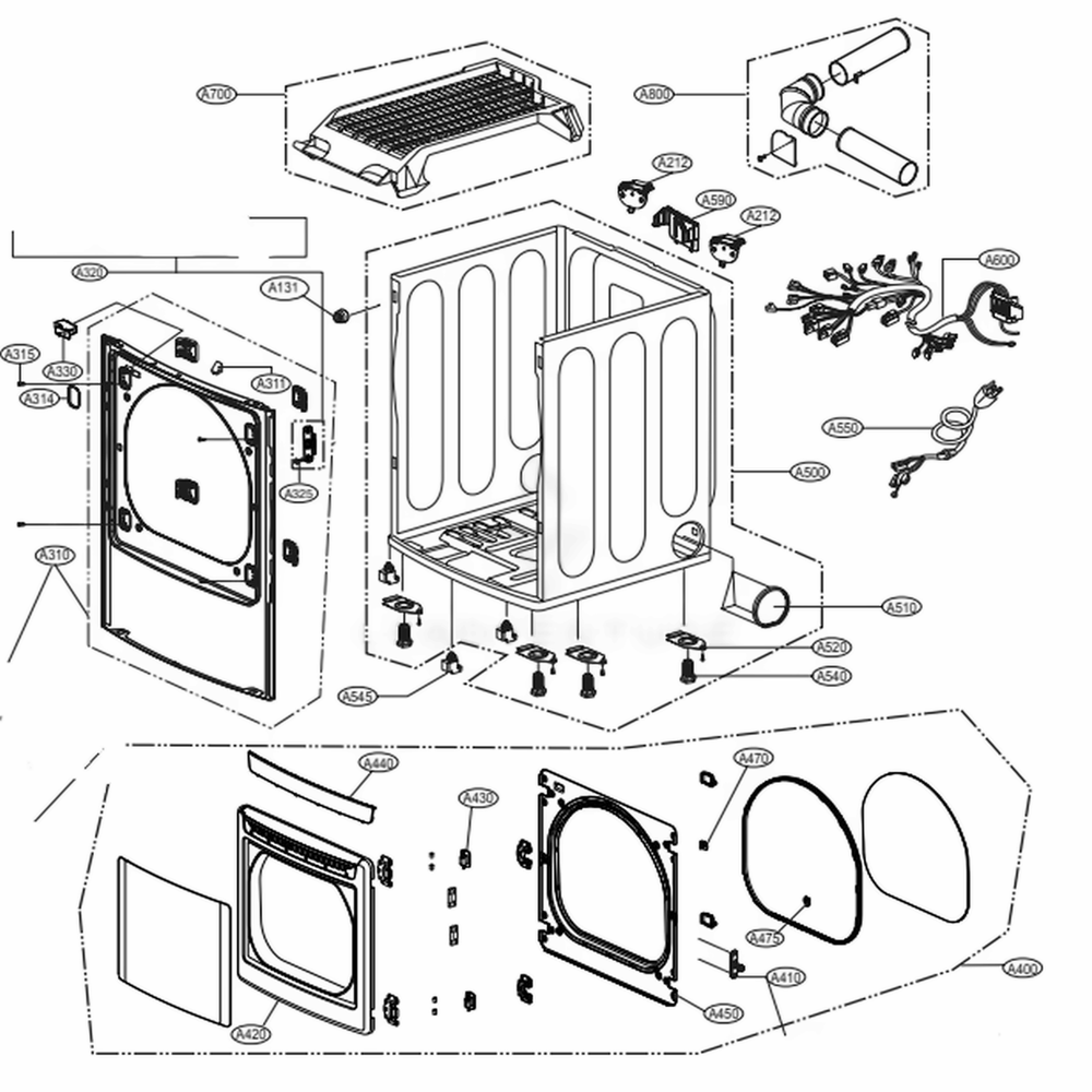 Cabinet And Door Assembly: Gas Type Diagram and Parts List for DLGX6002V ASSEEUS LG Dryer