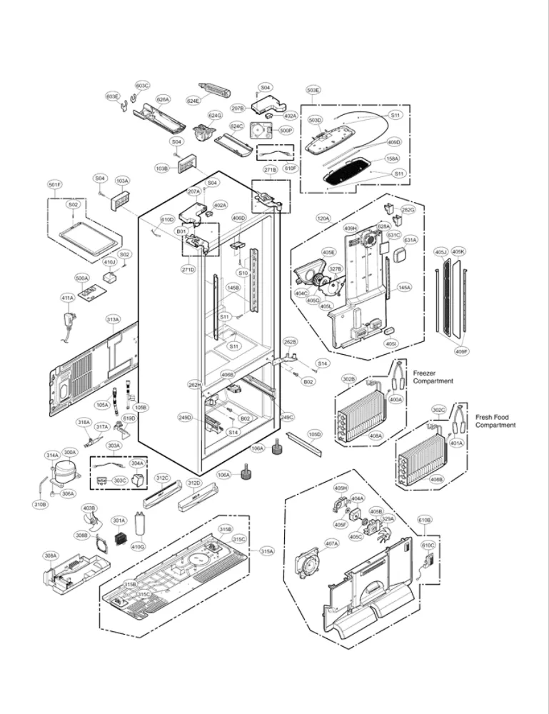 Case Parts Diagram and Parts List for 79572053117  Kenmore Refrigerator