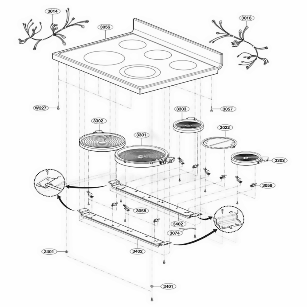 Cooktop Parts Diagram and Parts List for LRE5602SW FW1LLCA LG Wall Oven