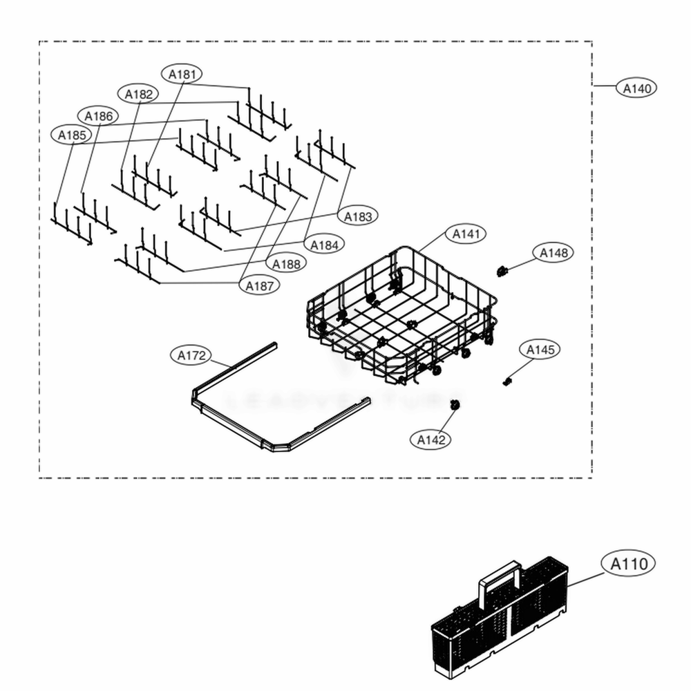 Lower Rack Assembly Diagram and Parts List for LDT7797BM ABMEEUS LG Dishwasher