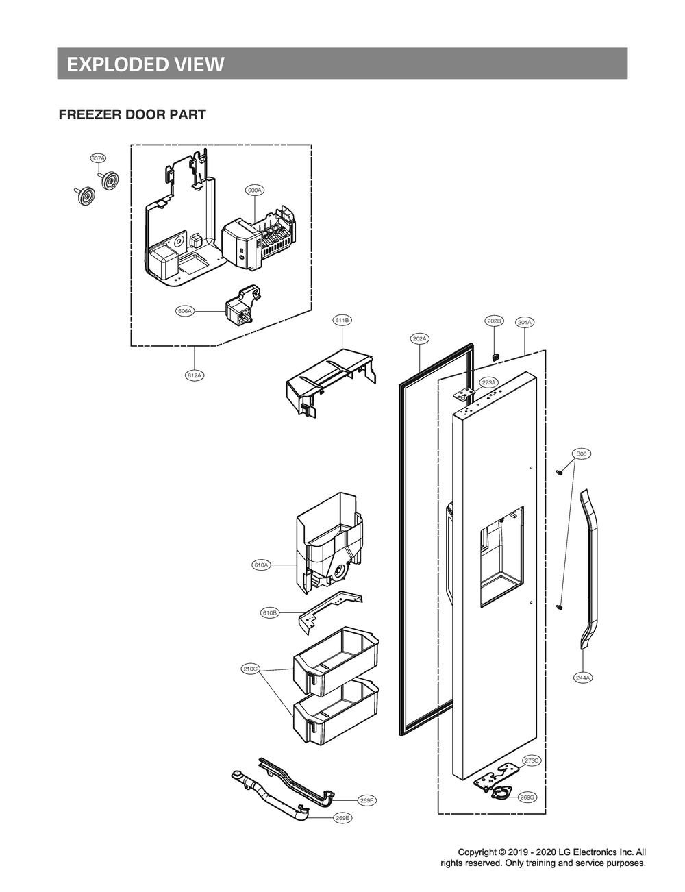 Freezer Door Part Diagram and Parts List for GR-L276DSMM ASTCNA2 LG Refrigerator