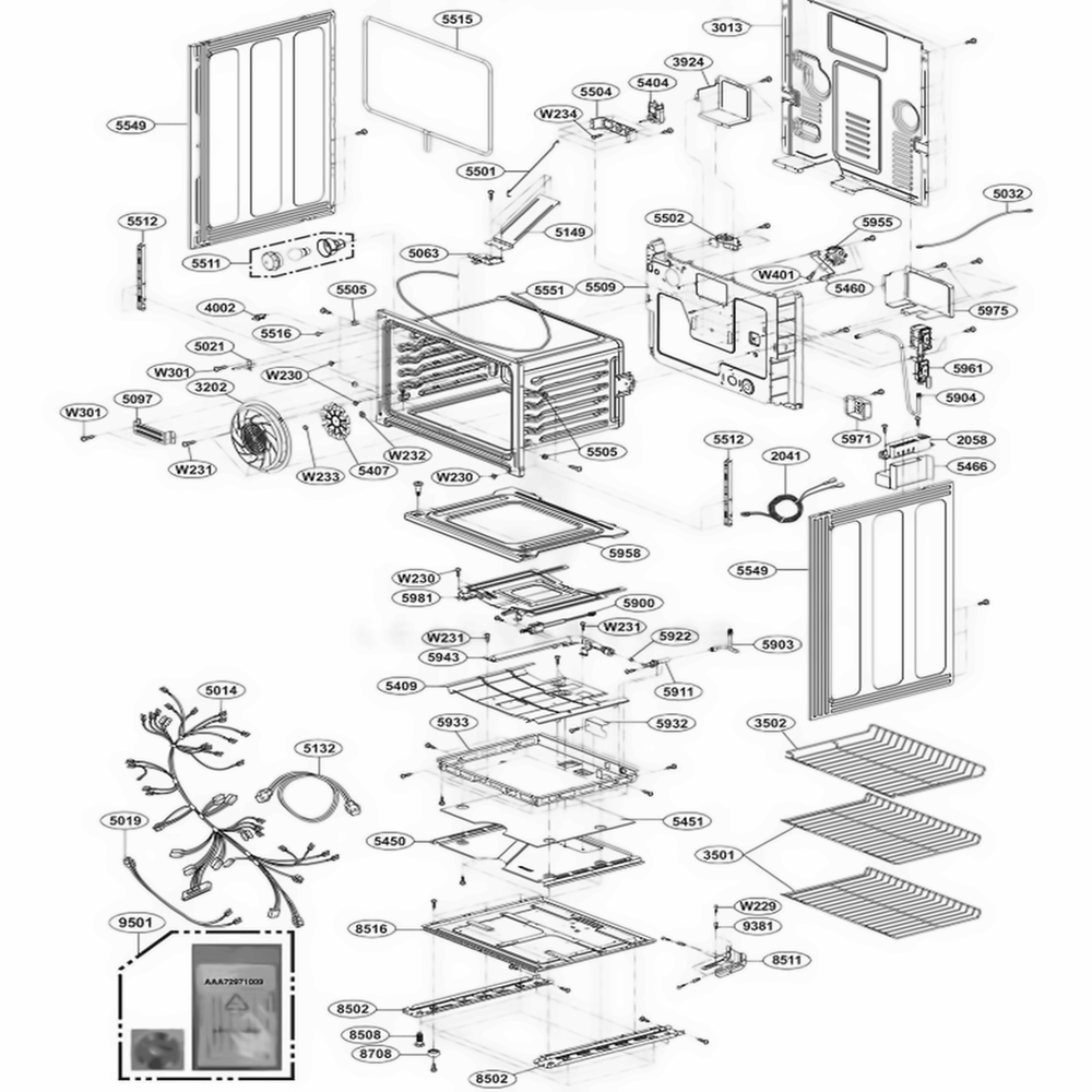 Lower Cavity Parts Diagram and Parts List for LDG3036ST FSTELGA LG Range