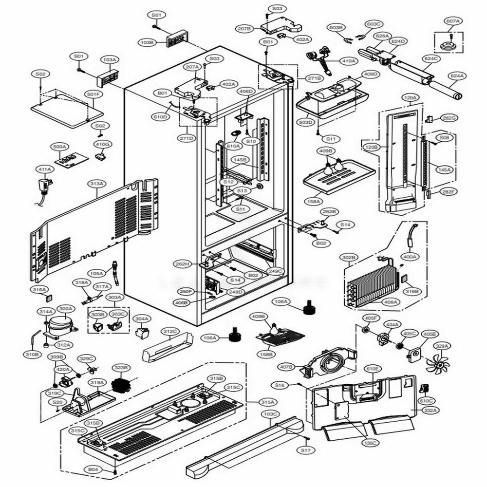 Case Parts Diagram and Parts List for 78542 ASW7SER LG Refrigerator