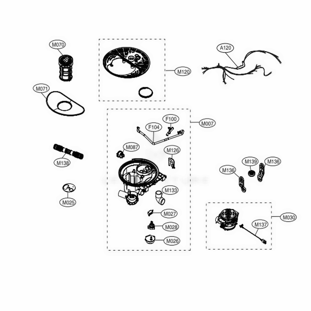 Sump Assembly Diagram and Parts List for 14355 ASSESEU LG Dishwasher