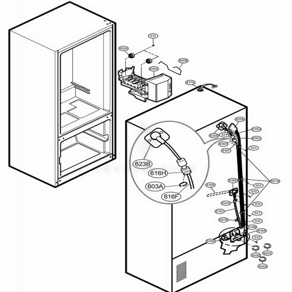 Ice Maker Parts Diagram and Parts List for 78556 ATI3SEF LG Refrigerator