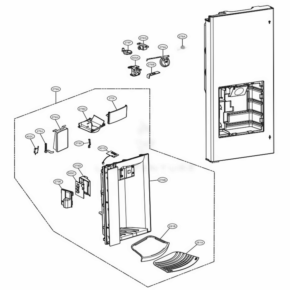 Dispenser Parts Diagram and Parts List for LMX28994ST ASTCNA0 LG Refrigerator