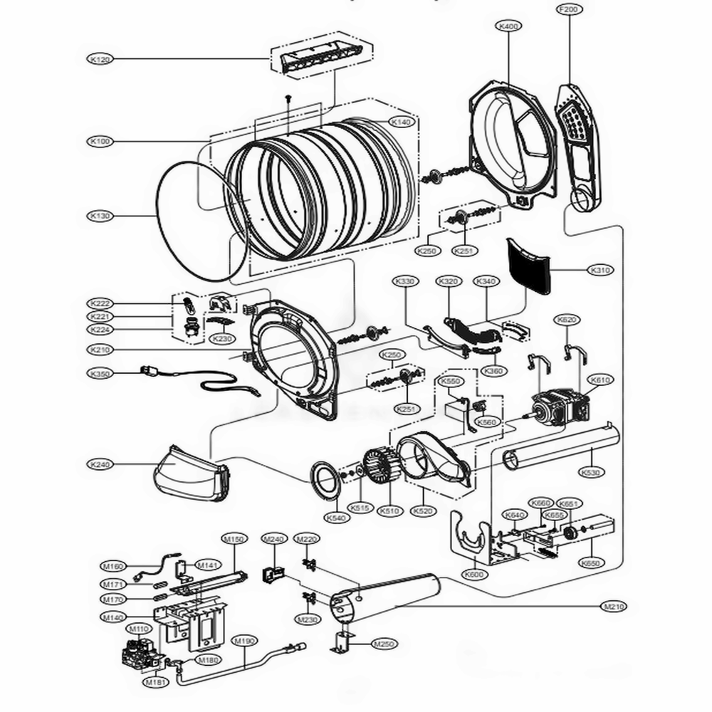 Drum And Motor Assembly Gas Type Diagram and Parts List for 98842 ABWESEU LG Dryer
