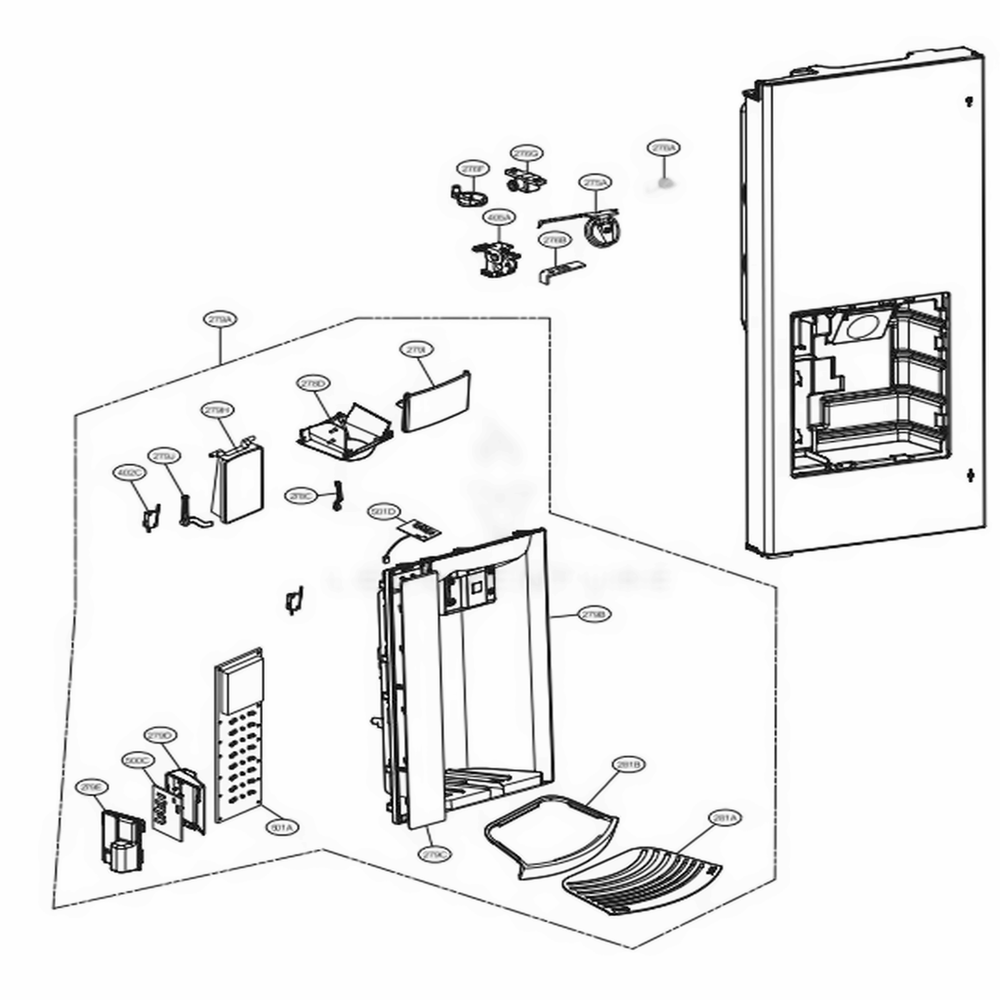 Dispenser Parts Diagram and Parts List for LMXS27626S ASTCNA1 LG Refrigerator