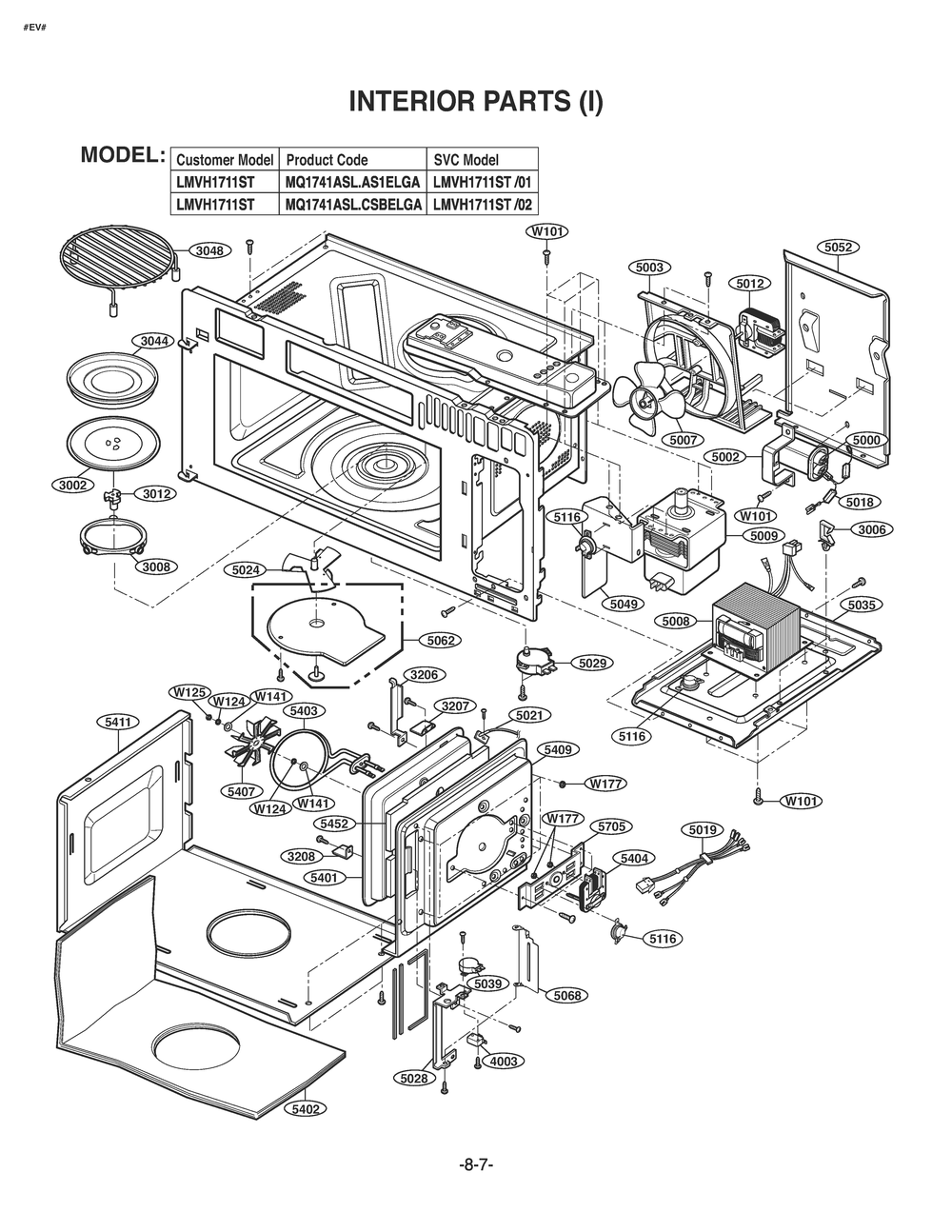 Interior Parts 1 Diagram and Parts List for MQ1741ASL CSBESEA LG Microwave