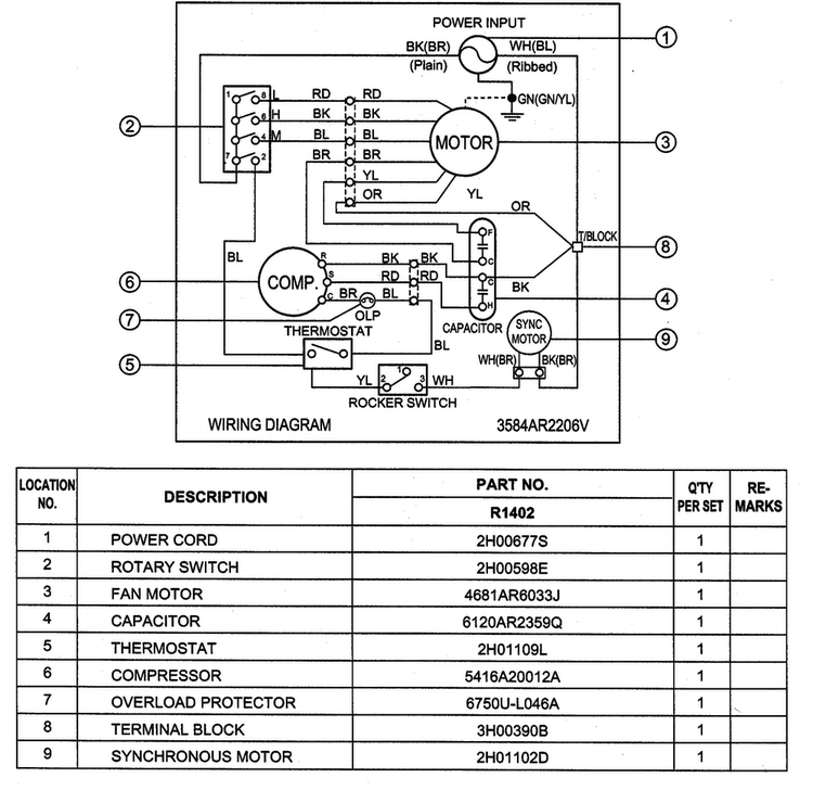Wiring Diagram Diagram and Parts List for R1402  LG Air Conditioner