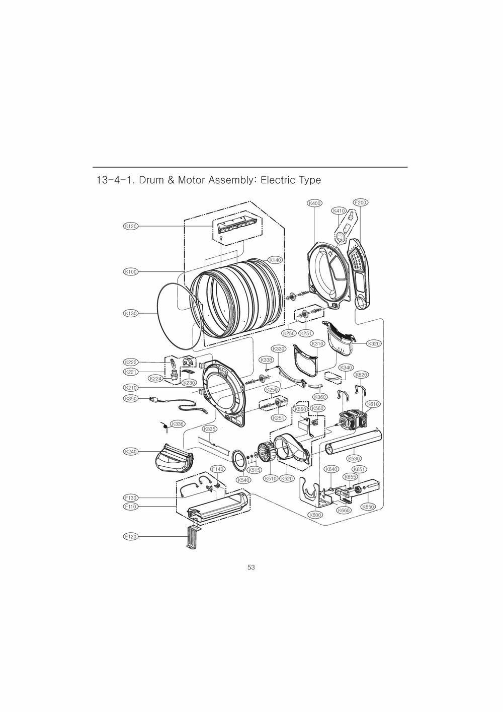 Drum And Motor Assembly Diagram and Parts List for RV1356ES ASSEEUS LG Dryer